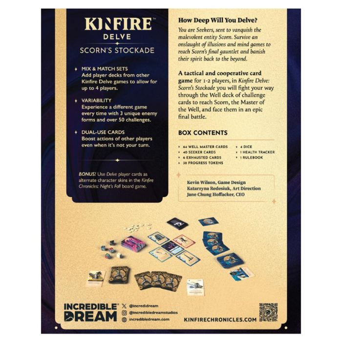 Kinfire Delve: Scorn's Stockade - Kinfire Delve Scorn's Stockade card game box with yellow background and black text, showing game components including cards.