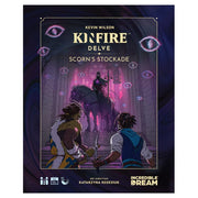 Kinfire Delve: Scorn's Stockade - Dark fantasy-themed card game box with two characters facing a large armored figure in a mystical purple and blue setting.