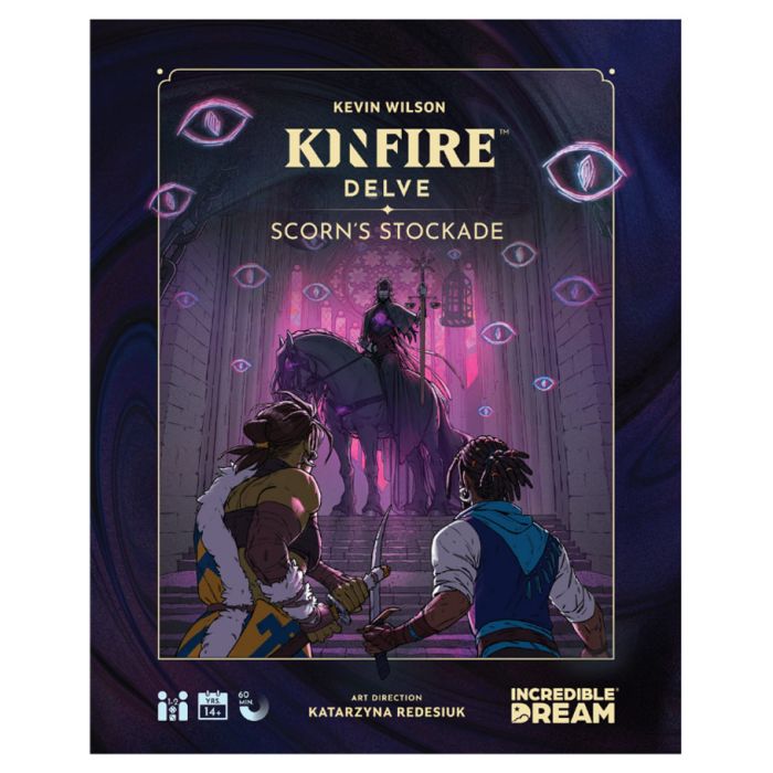 Kinfire Delve: Scorn's Stockade - Dark fantasy-themed card game box with two characters facing a large armored figure in a mystical purple and blue setting.