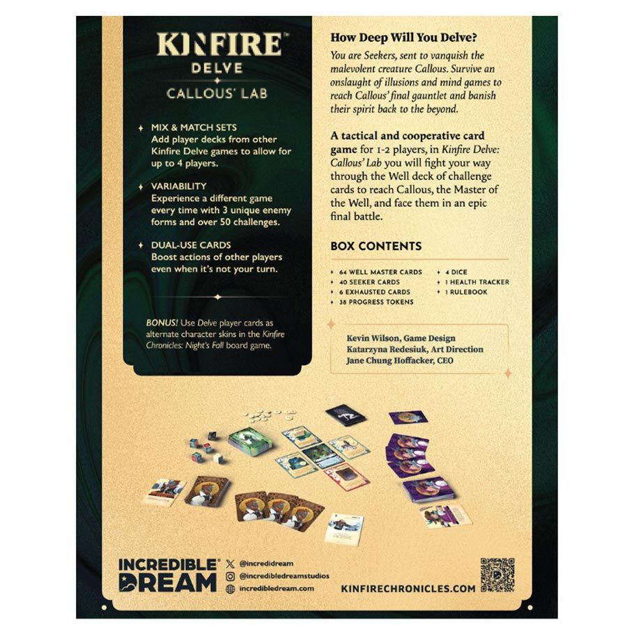 Kinfire Delve: Callous' Lab - Callous' Lab card game box with detailed text and images of cards and tokens on yellow-beige background.