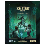Kinfire Delve: Callous' Lab - Dark green fantasy-themed card game box with three characters and glowing magical elements.