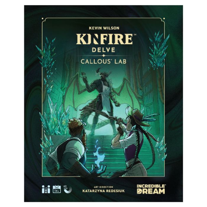 Kinfire Delve: Callous' Lab - Dark green fantasy-themed card game box with three characters and glowing magical elements.