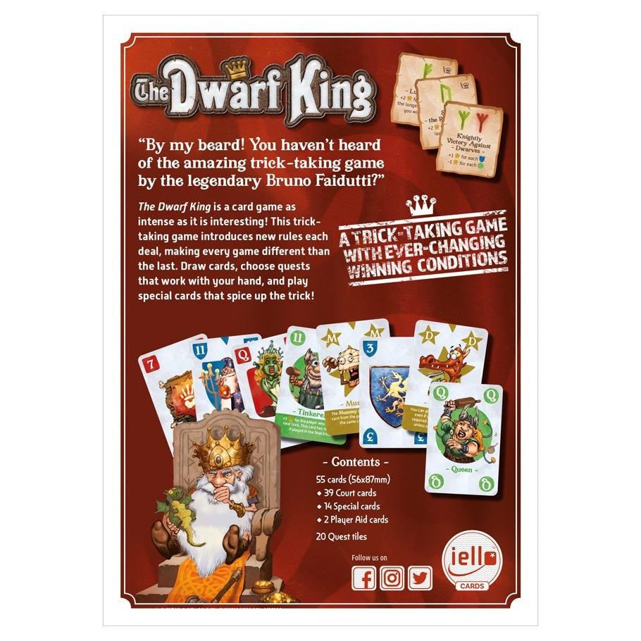 Dwarf King - Card game box for The Dwarf King with colorful illustrated playing cards and instructions on a red background.