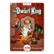 Dwarf King - Card game box cover featuring cartoon dwarf king with white beard and gold crown seated on stone throne, flanked by a.
