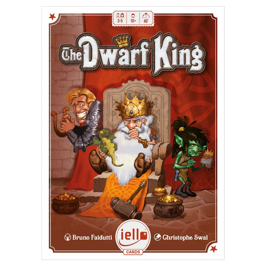 Dwarf King - Card game box cover featuring cartoon dwarf king with white beard and gold crown seated on stone throne, flanked by a.