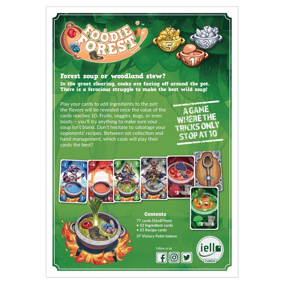 Foodie Forest - Green game box back for Foodie Forest card game with colorful food and animal illustrations and text describing gameplay and