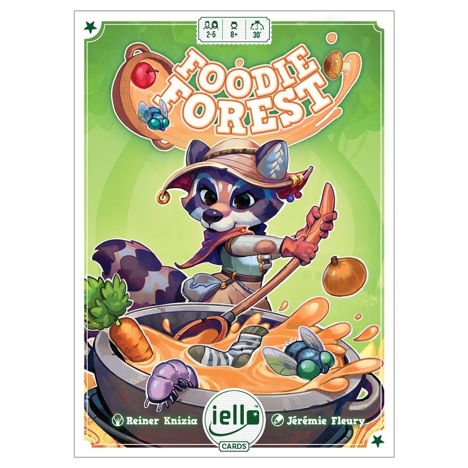 Foodie Forest - Foodie Forest card game box with a cartoon raccoon cooking vegetables in a pot on a green background.