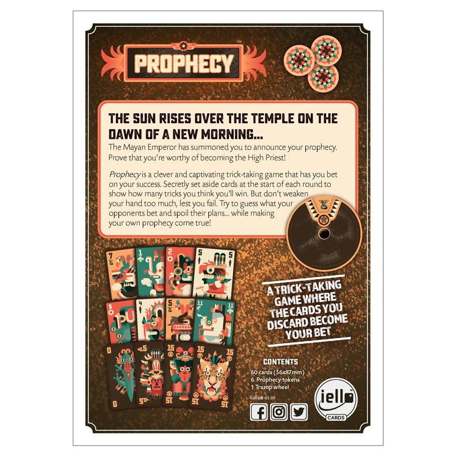 Prophecy - Rectangular game card pack with vintage-style illustrations and bold orange, teal, and black colors featuring a prophecy.