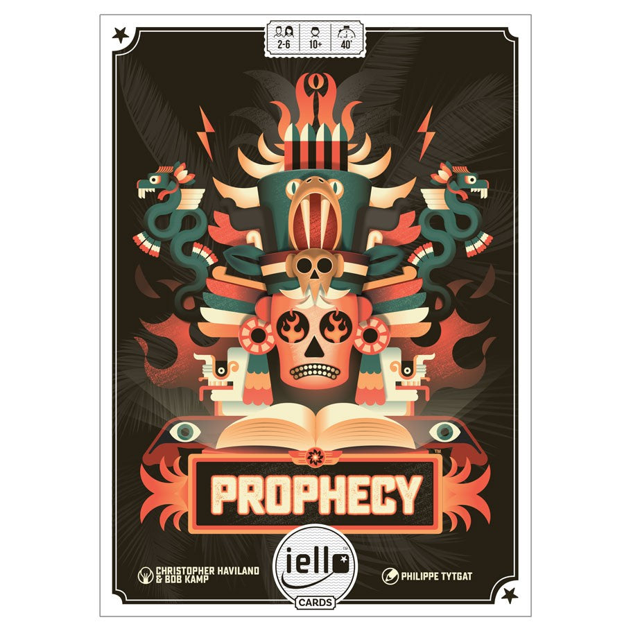 Prophecy - Dark fantasy poster with a skull adorned by intricate tribal headdress and two green serpents, flames, and an open book.