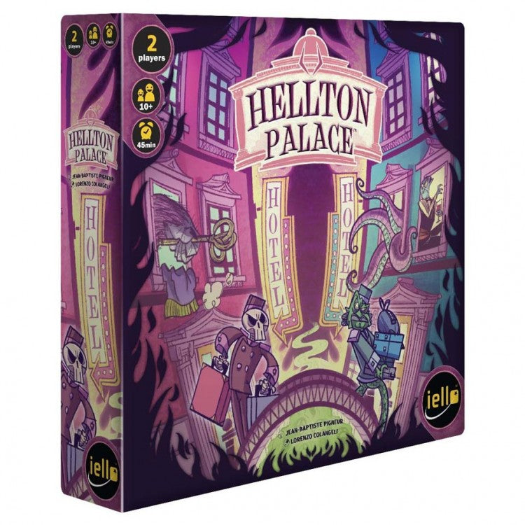 Hellton Palace - Dark purple board game box with illustration of a spooky hotel, characters carrying luggage, and neon signs reading "Hellton