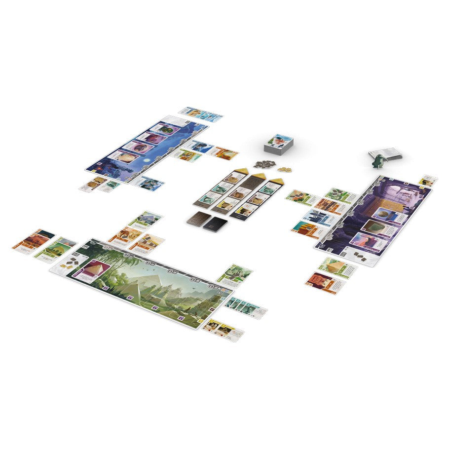 Ancient Knowledge - Strategy card game setup with colorful illustrated cards and player boards arranged on a white surface.