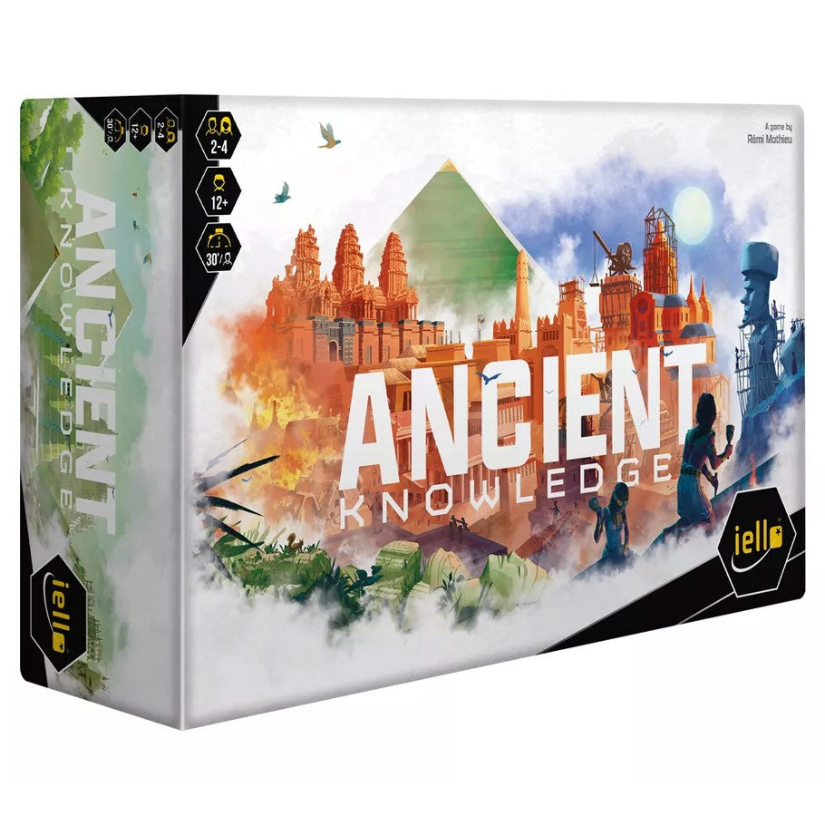 Ancient Knowledge - Rectangular board game box featuring ancient temple ruins and pyramids in warm orange and green hues with white background.