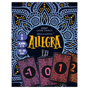 Allegra - Colorful Allegra card game box with decorative blue and yellow patterns and four numbered game cards in pink and orange.