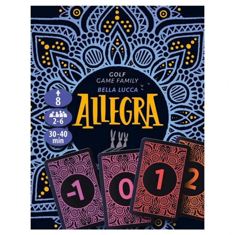 Allegra - Colorful Allegra card game box with decorative blue and yellow patterns and four numbered game cards in pink and orange.