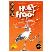 Hula-Hoo - Bright orange card game box with playful white "Hula-Hoo!" text and a cartoon crane hula hooping.