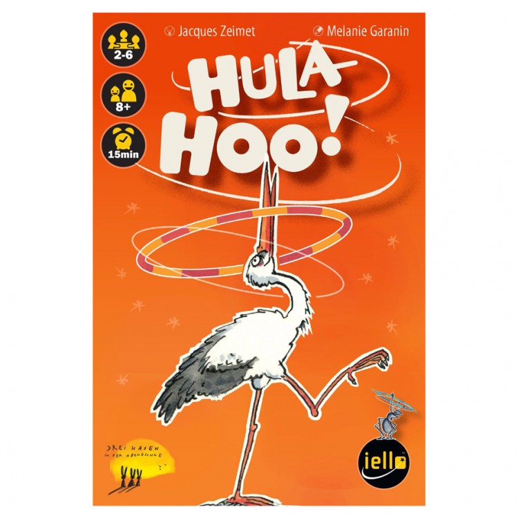 Hula-Hoo - Bright orange card game box with playful white "Hula-Hoo!" text and a cartoon crane hula hooping.