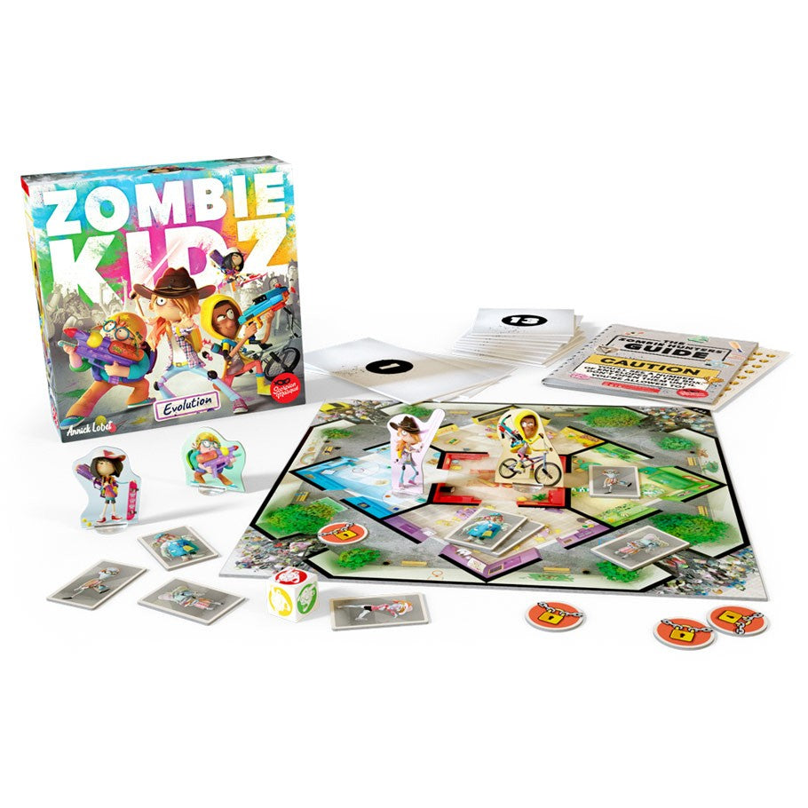 Zombie Kidz Evolution - Zombie Kidz Evolution board game with colorful box, illustrated board, character standees, cards, and tokens.