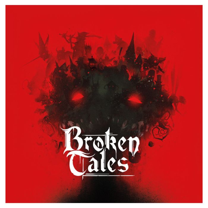 Broken Tales - Black silhouette of a spooky castle with glowing red eyes and ornate details on a bright red background, white gothic.