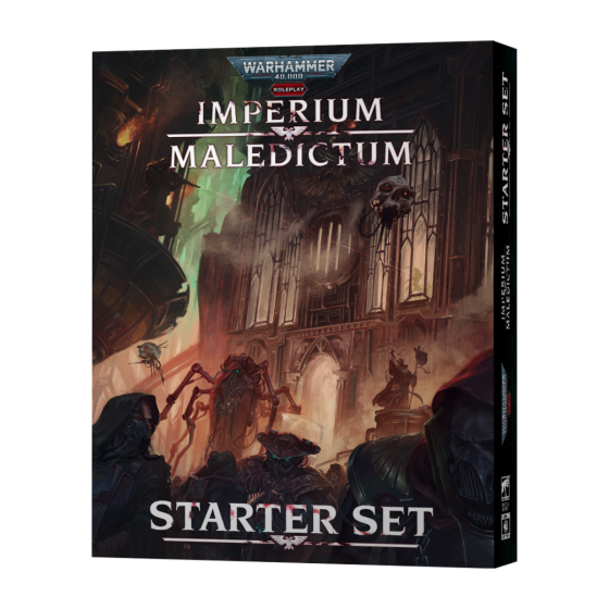 Warhammer 40,000 Roleplay: Imperium Maledictum Starter Set - Dark, gothic book cover featuring a towering cathedral interior and armored figures with glowing green light, labeled.