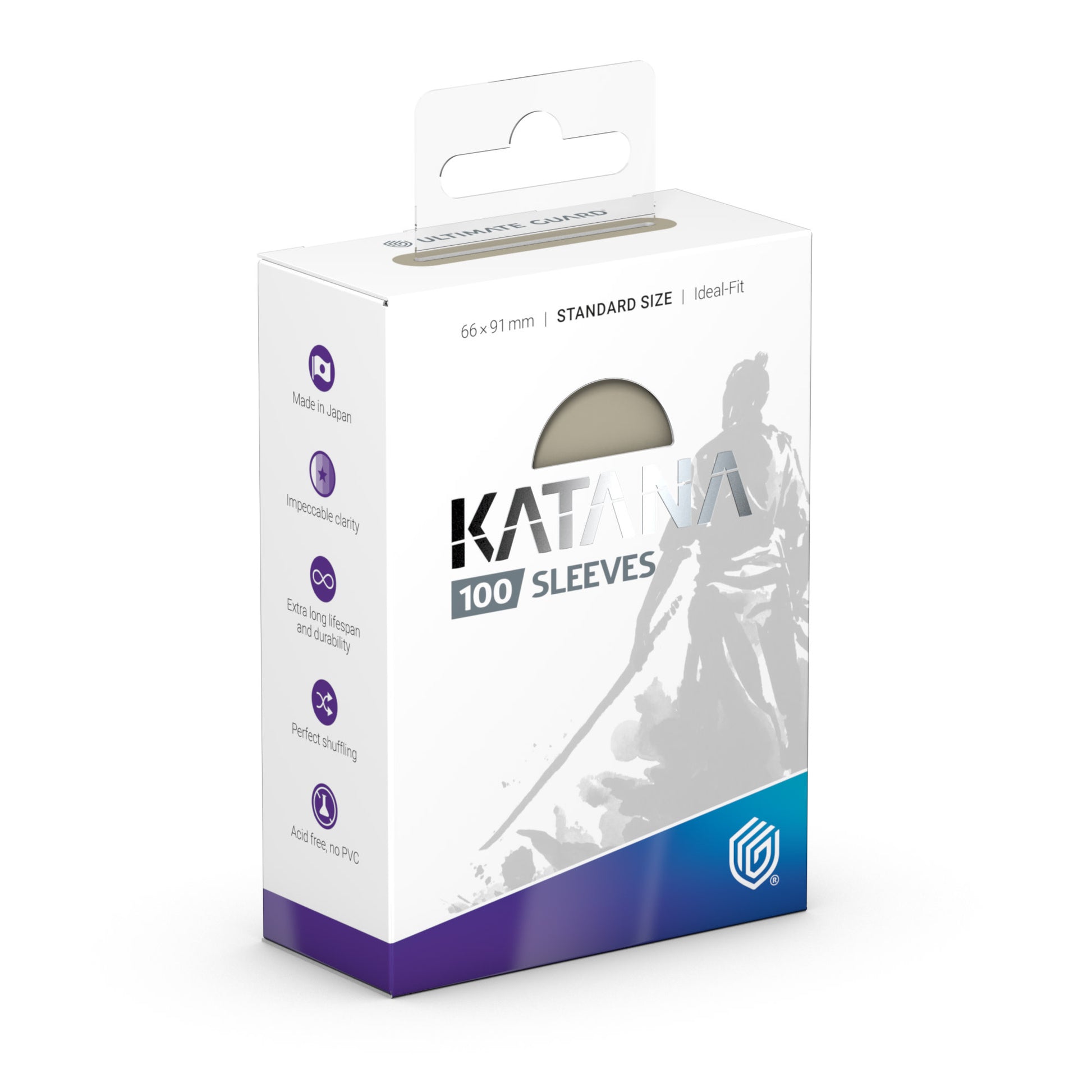 Ultimate Guard Sleeves: Standard Katana - Autumn Moon 100CT - Rectangular white box with purple and blue accents, featuring "Katana 100 Sleeves" text and samurai silhouette design on.