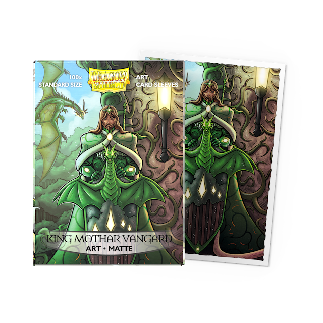 Dragon Shield Sleeves - 100ct Box Matte Art - King Mothar Vanguard - Matte card sleeves with vibrant green King Mothar Vanguard fantasy artwork featuring a regal figure in ornate armor.