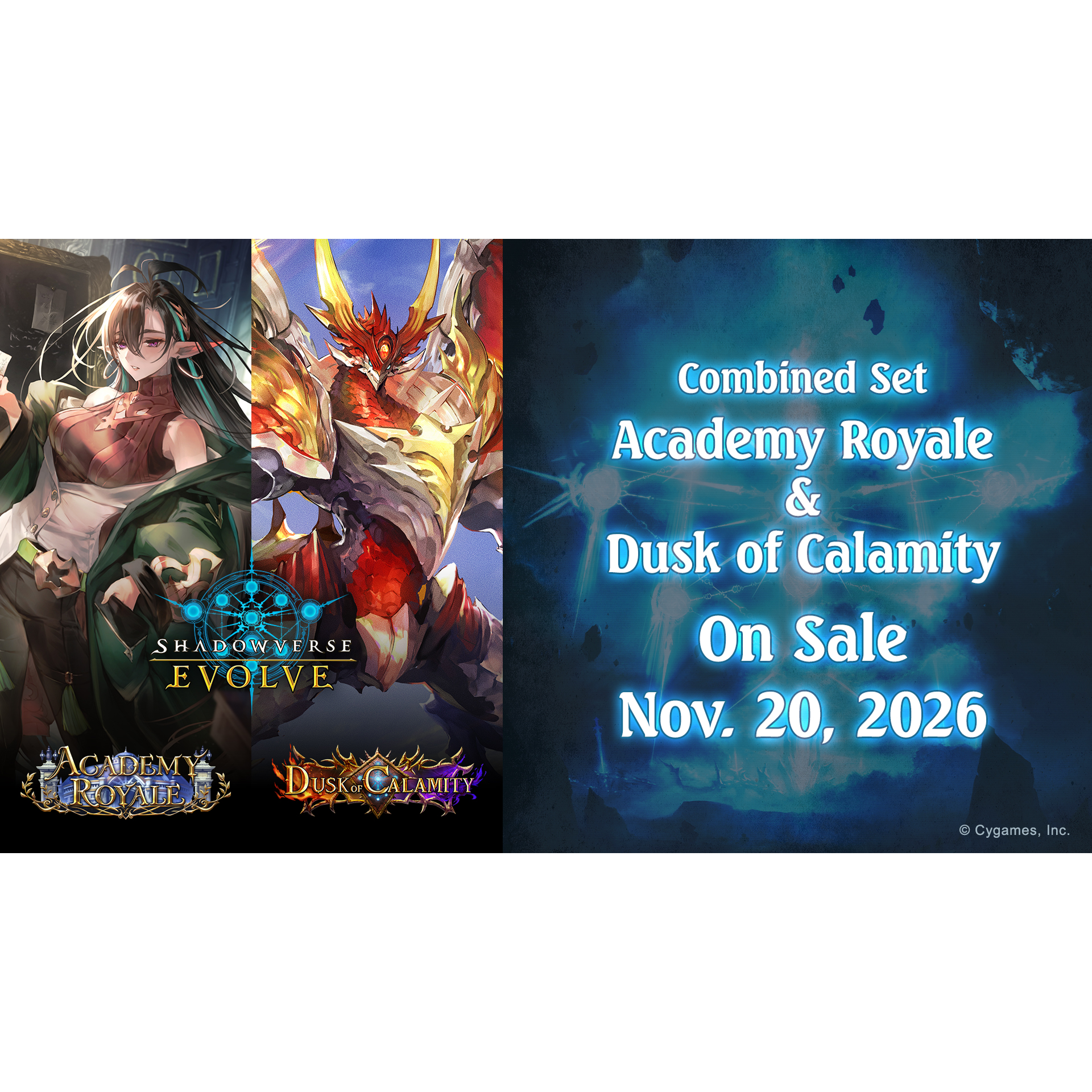 Shadowverse Evolve: Academy Royale & Dusk of Calamity Combined Set Display (PREORDER) - Shadowverse Evolve card set display featuring Academy Royale with a dark-haired female character and Dusk of Calamity with a