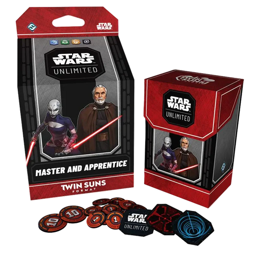 Master and Apprentice: Count Dooku and Asajj Ventress Twin Suns Deck - Star Wars Unlimited Master and Apprentice Twin Suns deck box with Count Dooku and Asajj Ventress artwork, includes circular.