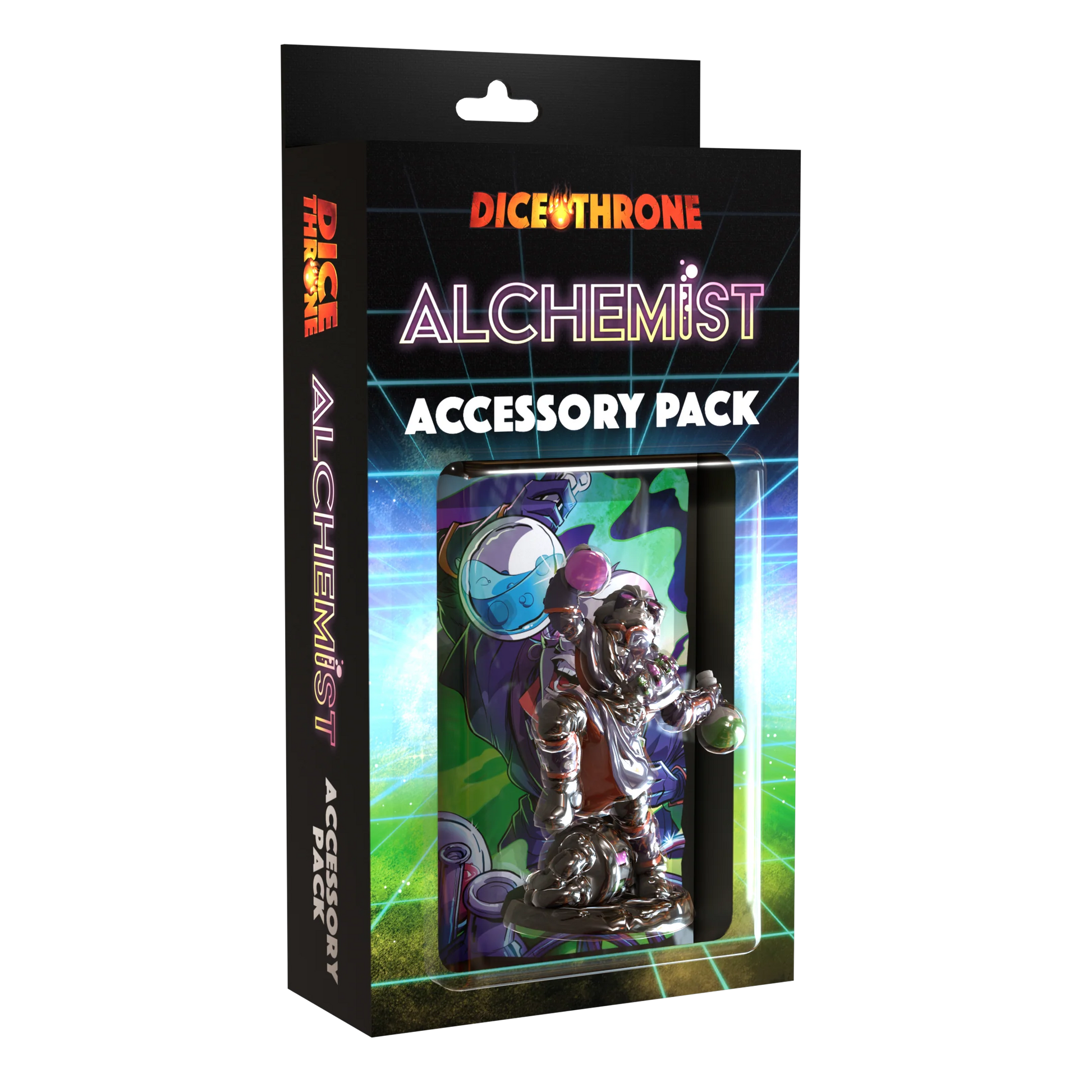 Dice Throne: Alchemist Accessory Pack - Dice Throne Alchemist Accessory Pack box featuring a silver alchemist figurine and purple-green mystical background design.