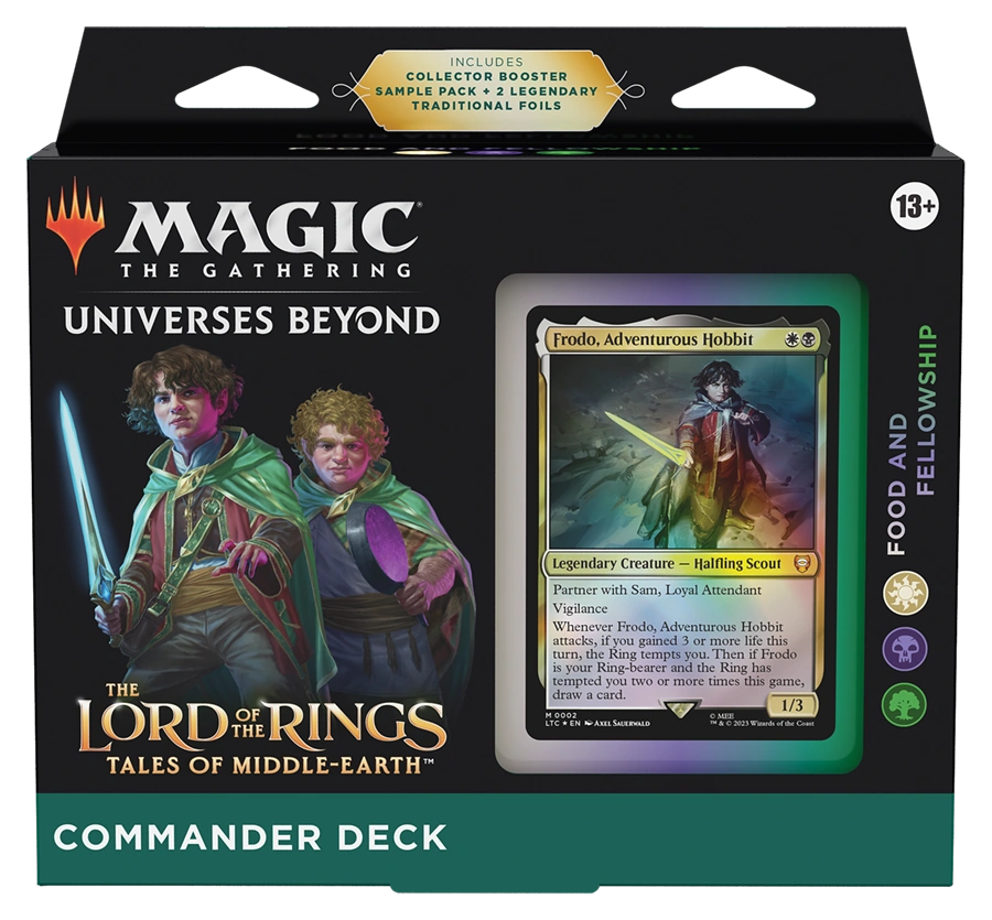 Magic: The Gathering -  Lord of the Rings: Tales of Middle-Earth Commander Deck - Food And Fellowship - The Gathering Lord of the Rings Food and Fellowship Commander Deck packaging featuring Frodo artwork and branded card window.