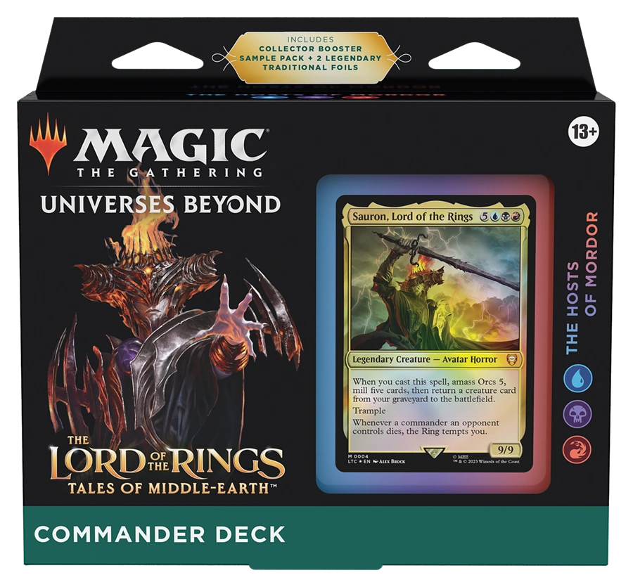 Magic: The Gathering -  Lord of the Rings: Tales of Middle-Earth Commander Deck - The Hosts of Mordor - The Gathering Universes Beyond The Lord of the Rings Tales of Middle-Earth Commander Deck packaging featuring Sauron, Lord.