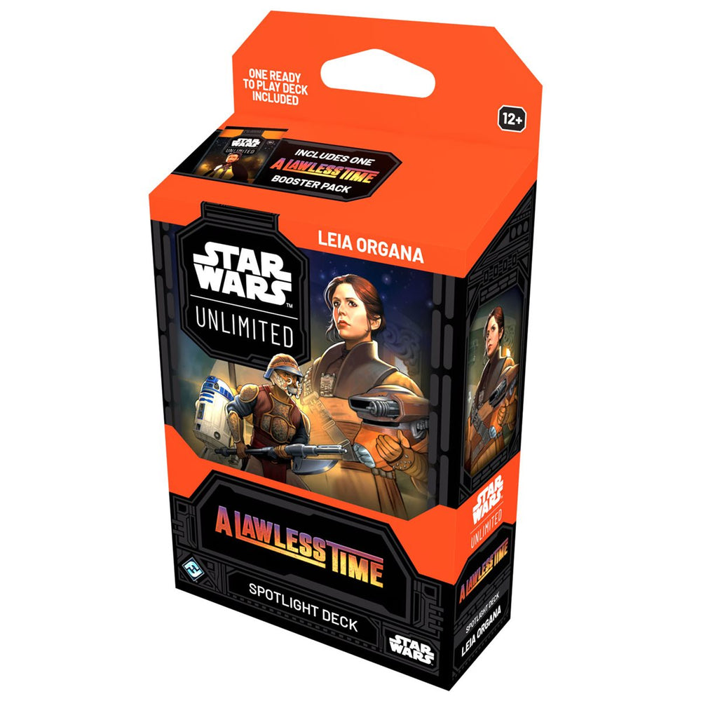 Star Wars: Unlimited - A Lawless Time Spotlight Deck - Leia Organa (PREORDER) - Compact rectangular card deck box with Star Wars Unlimited branding, featuring Leia Organa artwork against a fiery orange.