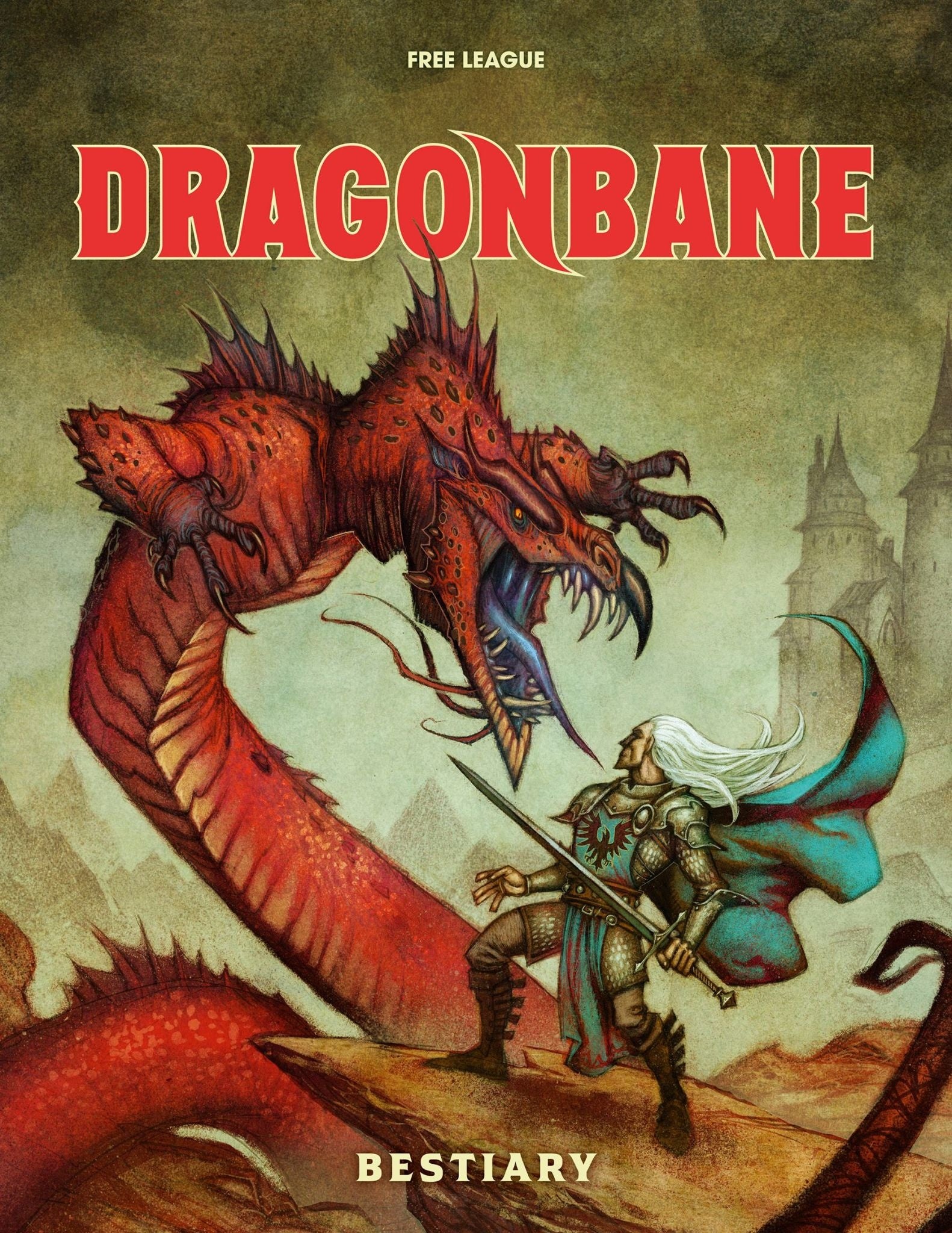 Dragonbane: Bestiary - Hardcover book with a red dragon and armored warrior on the cover, titled Dragonbane Bestiary.