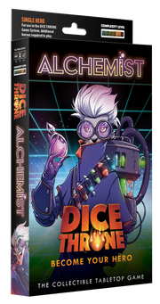 Dice Throne: Alchemist Hero Pack - Alchemist Hero Pack box featuring a stylized alchemist character with white hair, goggles, and a glowing purple vial on a.