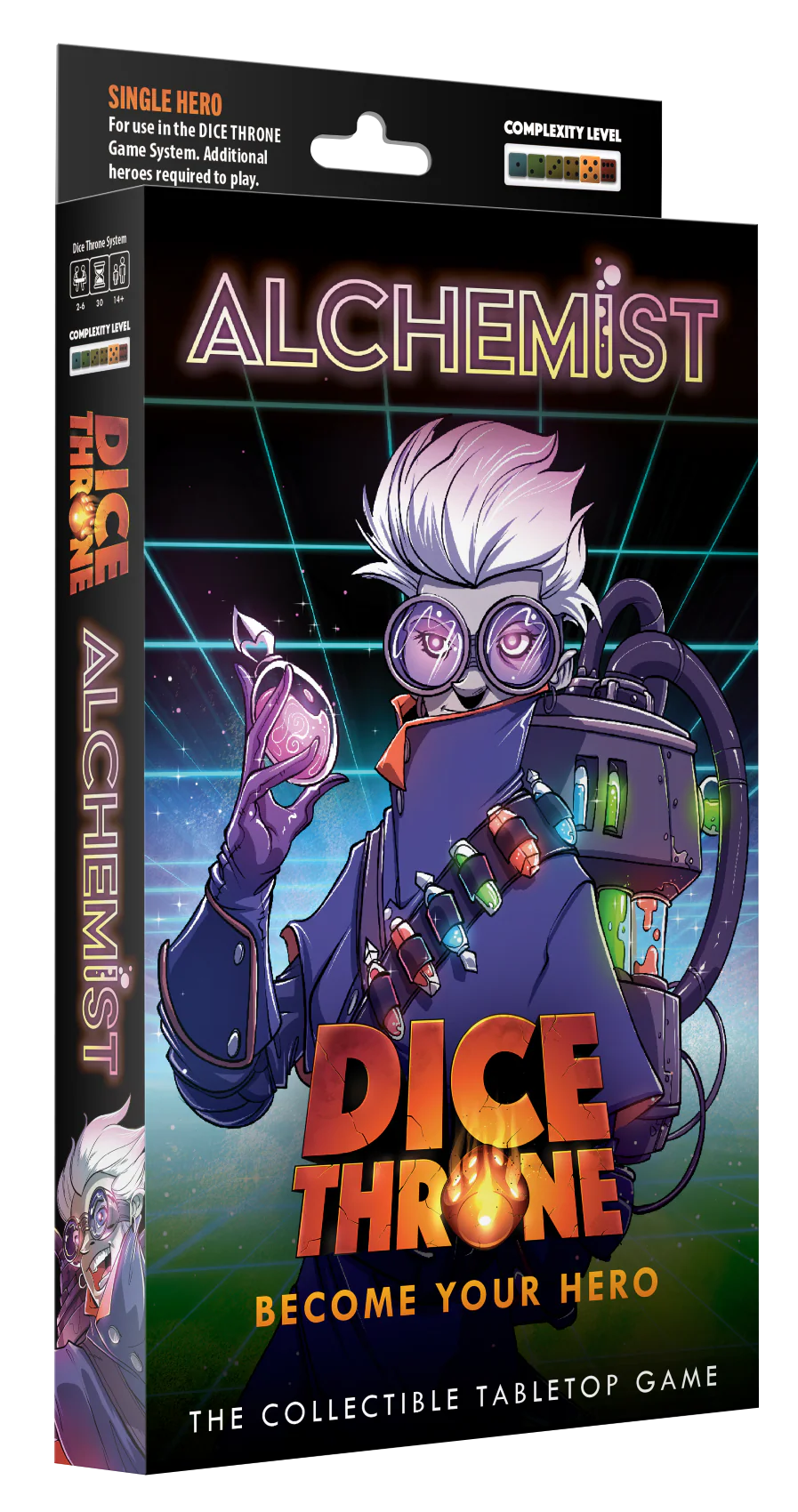 Dice Throne: Alchemist Hero Pack - Alchemist Hero Pack box featuring a stylized alchemist character with white hair, goggles, and a glowing purple vial on a.