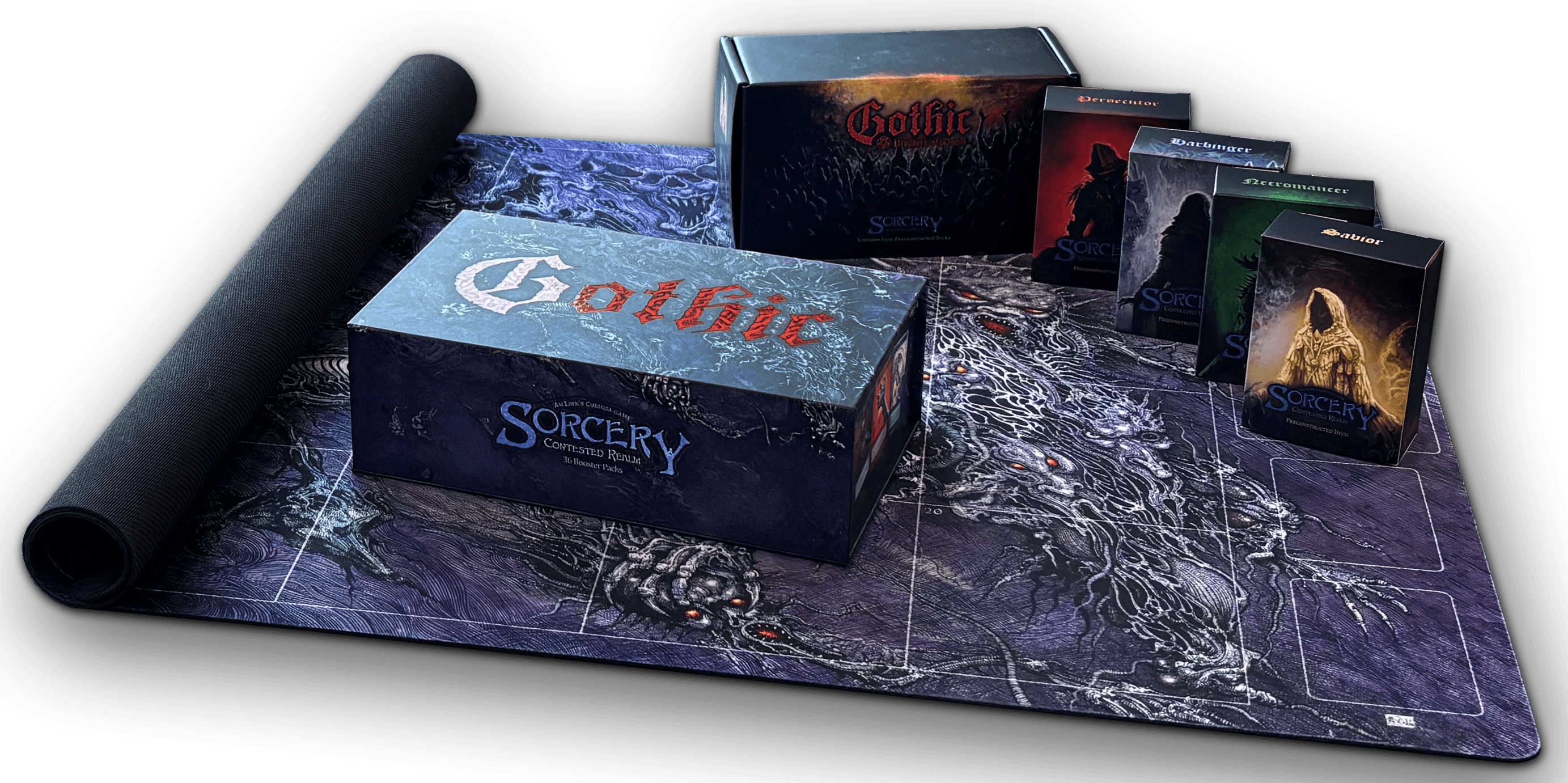 Sorcery: Contested Realm - Gothic Precon Box - The Prophets of Doom (PREORDER) - Contested Realm Gothic Precon Box with detailed dark fantasy game mat, rulebook, and card decks in black and red themed.