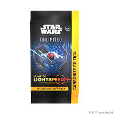 Star Wars: Unlimited - Jump to Lightspeed - Carbonite Booster Pack - Black and yellow Star Wars Unlimited card booster pack with spaceship graphic and "Jump to Lightspeed" text.