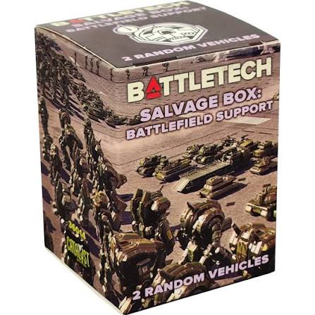 BattleTech: Salvage Blind Box - Battlefield Support - Small square box with BattleTech branding and illustrations of futuristic tanks and mechs on a battlefield background.