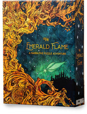 The Emerald Flame - Game box with intricate gold and orange swirling flames around a glowing green emerald flame on a dark blue starry.