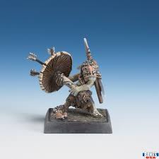 Goblin Champion (Unpainted) - Unpainted detailed miniature of a goblin warrior wielding a sword and shield, crouching on square base.