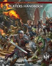 Castles & Crusades: Players Handbook 11th Printing (PREORDER) - Fantasy-themed hardcover book with warriors and creatures battling on the cover, titled "Players Handbook" with a red and.