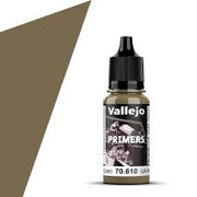 Vallejo Primer: Parched Grass (Late) (18ml) - 18ml Vallejo Primer bottle in muted earthy brown labeled Parched Grass (Late) with black dropper cap.