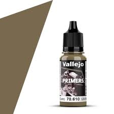 Vallejo Primer: Parched Grass (Late) (18ml) - 18ml Vallejo Primer bottle in muted earthy brown labeled Parched Grass (Late) with black dropper cap.