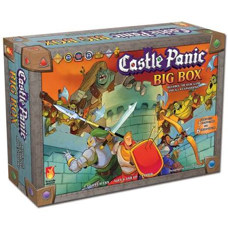 Castle Panic, 2E: Big Box - Castle Panic Big Box board game with fantasy artwork featuring heroes and monsters on the front, colorful orange and gray.