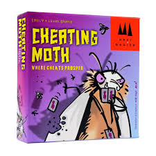 Cheating Moth - Purple and orange box for Cheating Moth party game with cartoon moth holding cards and playful font.