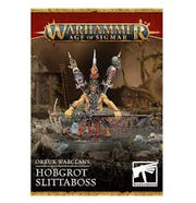 Warhammer Age of Sigmar - Orruk Warclans - Hobgrot Slittaboss - Orruk Warclans Hobgrot Slittaboss miniature with spiked club, skull trophies, and detailed armor on a rocky base.