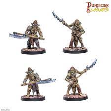 Dungeons & Lasers: Goblin Warband (Unpainted) - Four unpainted goblin miniatures in battle poses, armed with swords, spears, and crossbows on round bases.