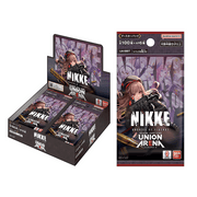 Union Arena: Goddess of Victory: NIKKE Booster Display (First Edition) - Black and purple Union Arena NIKKE Booster Display box with anime-style female character and multiple card packs inside and.