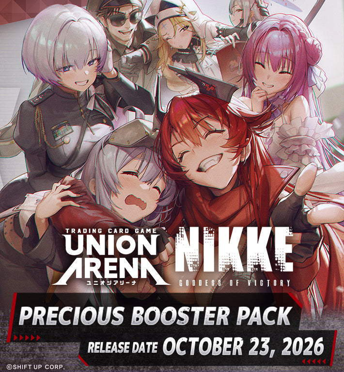 Union Arena: GODDESS OF VICTORY: NIKKE Precious Booster Display (PREORDER) - Colorful trading card booster display box featuring vibrant anime-style characters with diverse hairstyles and outfits,.