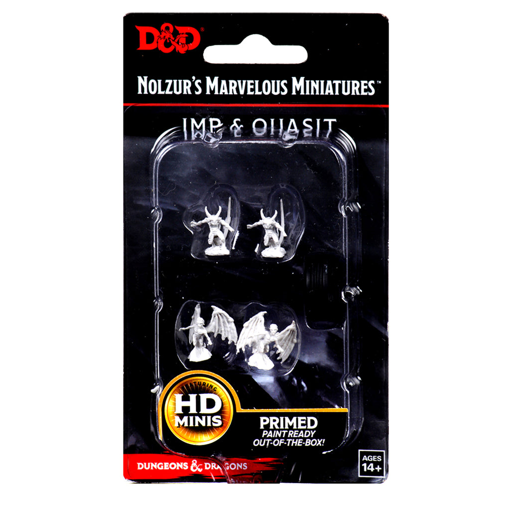 D&D Nolzur's Marvelous Miniatures: Quasit & Imp - Two gray plastic miniature figures of fantasy creatures, Quasit and Imp, in clear blister packaging with black and red D&D.