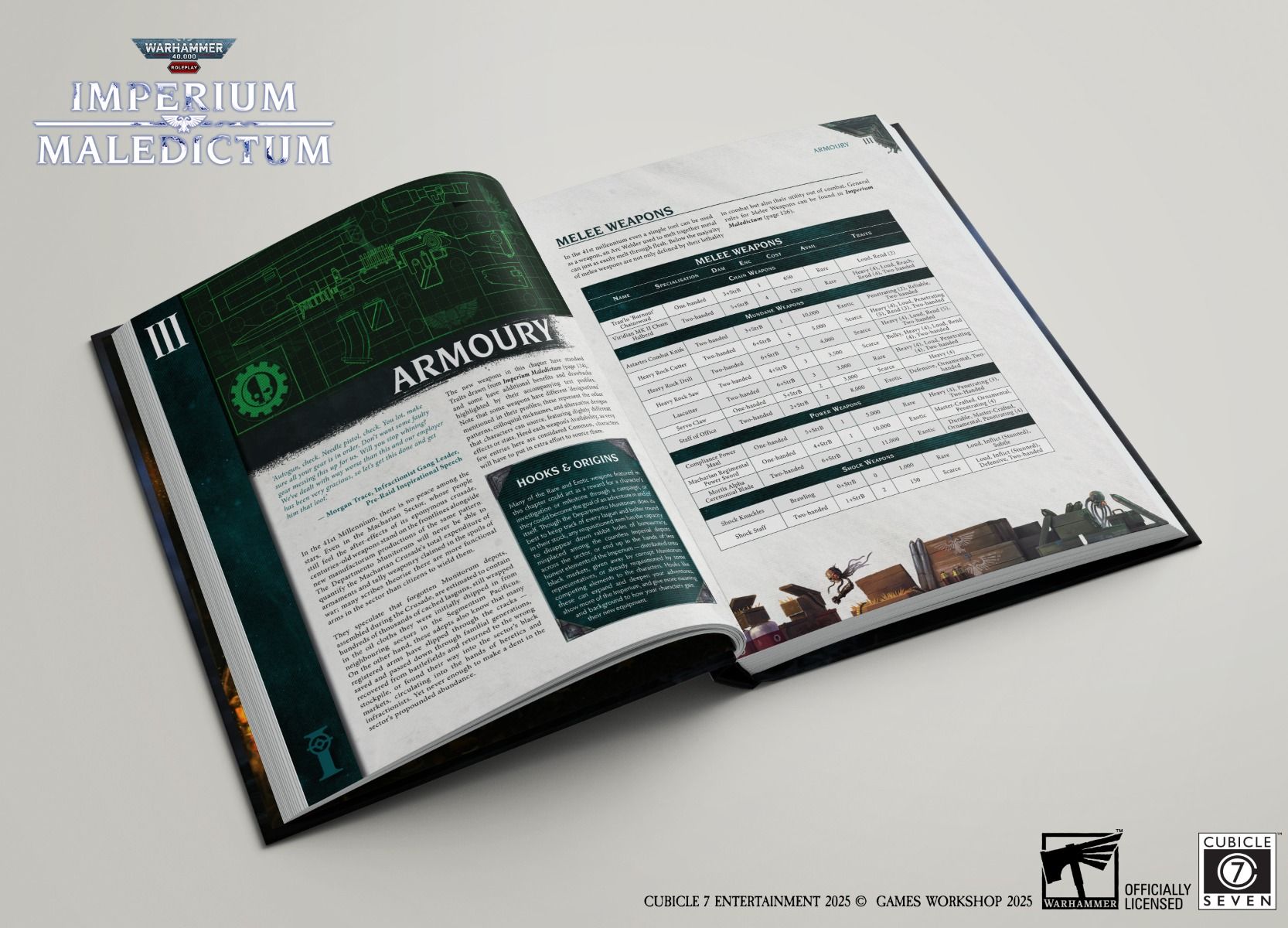 Warhammer 40,000 Roleplay: Imperium Maledictum, Macharian Requisition Guide - Open Warhammer 40,000 Imperium Maledictum Macharian Requisition Guide RPG book showing text and tables on white pages with.